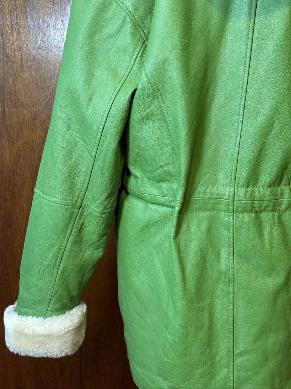 RARE Vtg Leather/Faux Fur Lined USA GREEN Coat w/Hood Penny Lane Protocol Medium - Picture 11 of 16